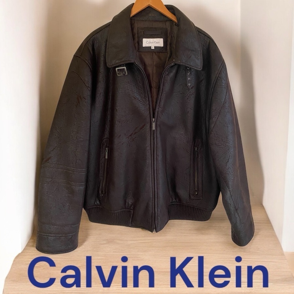 Calvin Klein-XL men’s brown faux suede winter jacket. Zip front & pockets. EUC!!